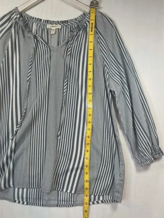 Como Blu Navy White Striped Tie Neck Peasant Blouse Top Womens Medium M - Picture 5 of 5